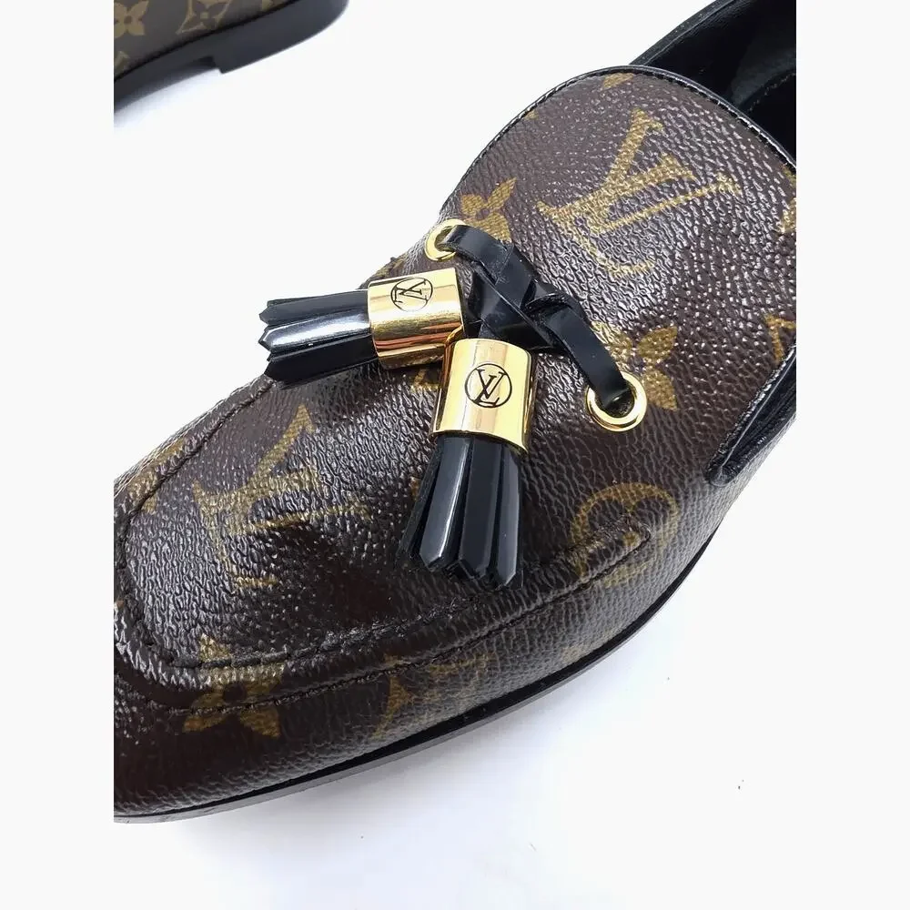 Louis Vuitton Monogram Tassel Loafers Society Canvas LV Logo Slip Flats 37.5 7.5